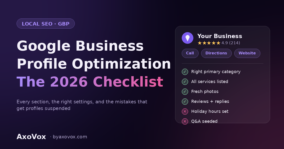 Google Business Profile optimization checklist for 2026 — example business listing with star rating and completed profile items