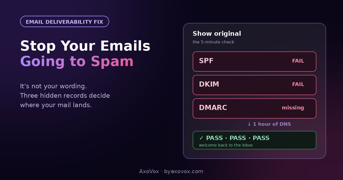 Email header check showing SPF fail, DKIM fail and DMARC missing, then all three passing after one hour of DNS work