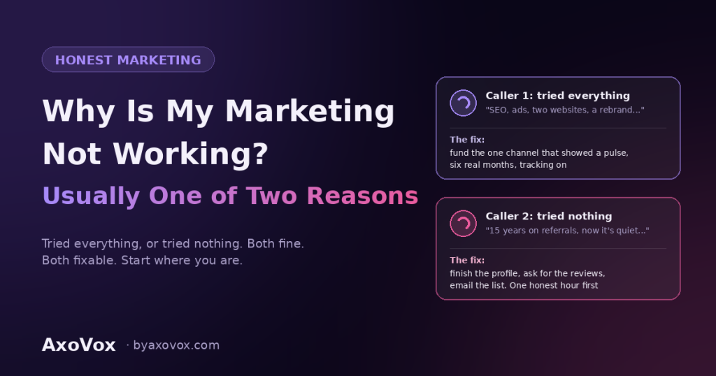Why is my marketing not working — two kinds of business calls compared: tried everything versus tried nothing, each with its fix