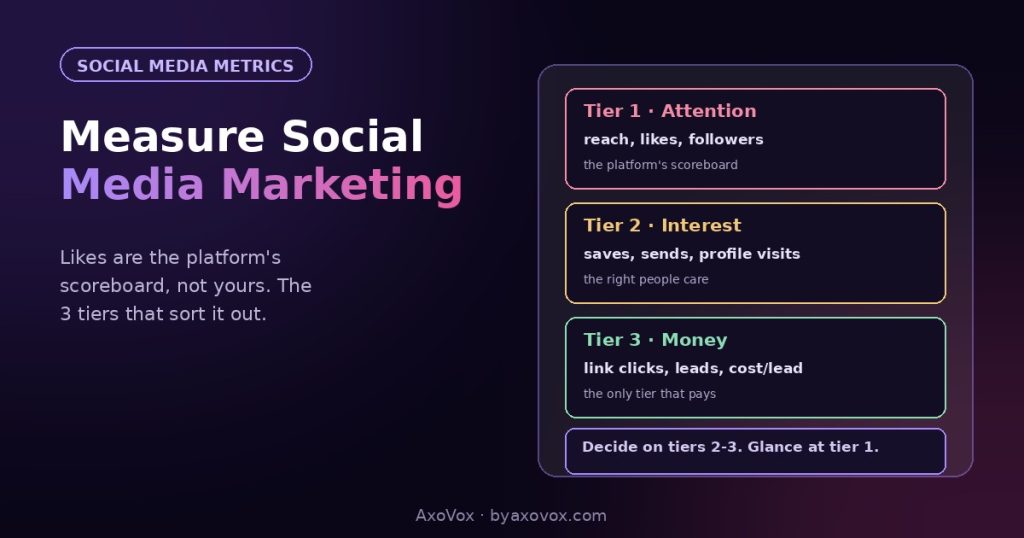 Three tiers of social media metrics: attention as the platform's scoreboard, interest showing the right people care, money as the only tier that pays