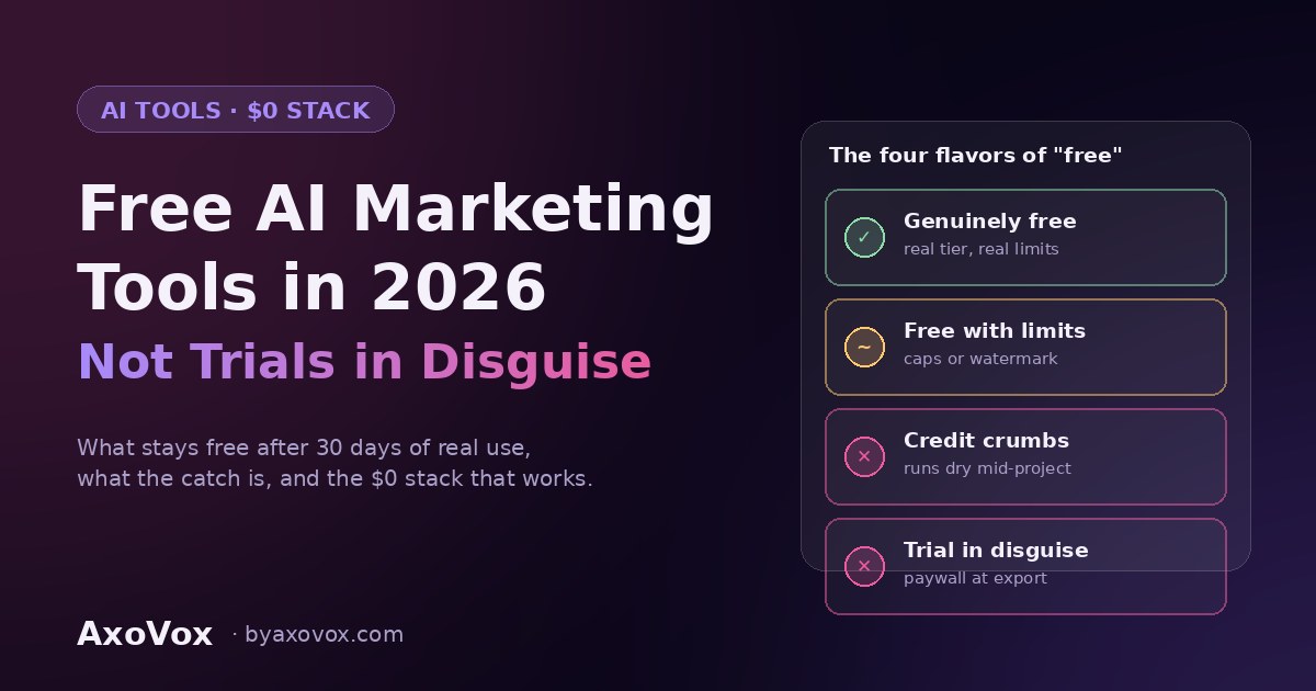 Best free AI marketing tools 2026 — the four flavors of free: genuinely free, limited, credit crumbs, and trials in disguise