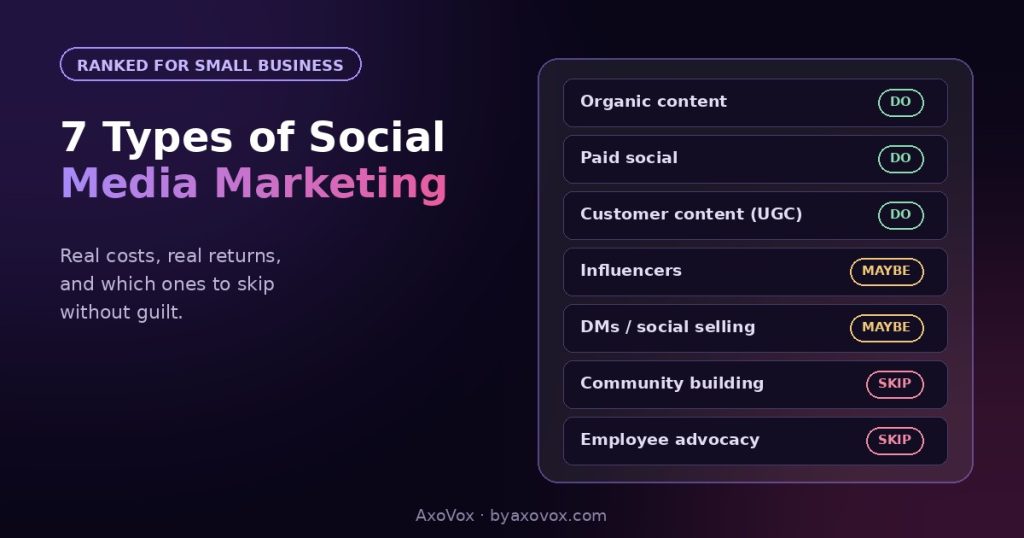 Seven social media marketing types with verdict chips: organic, paid and UGC marked do, influencers and DMs maybe, community and advocacy skip