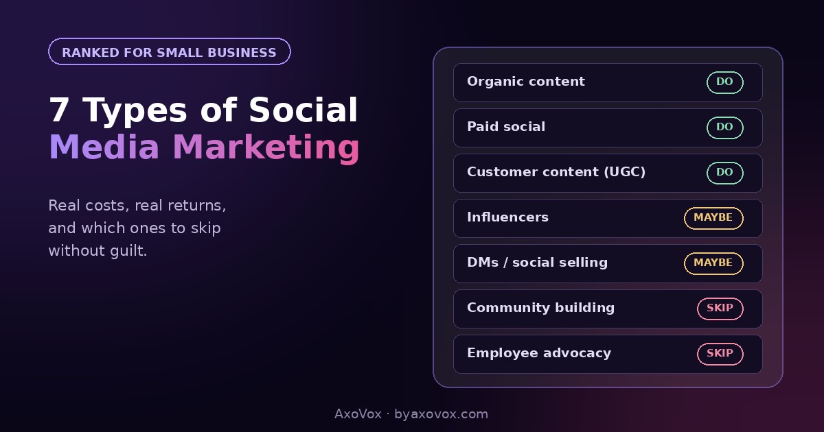 Seven social media marketing types with verdict chips: organic, paid and UGC marked do, influencers and DMs maybe, community and advocacy skip