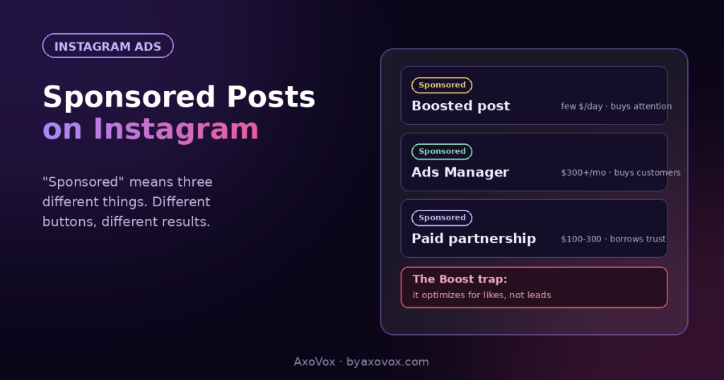 Three Instagram sponsored post types with costs: boosted post buys attention, Ads Manager buys customers, paid partnership borrows trust, plus the Boost trap warning
