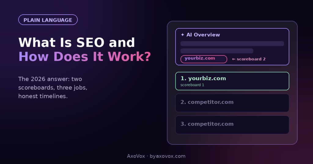 SERP mockup showing the two scoreboards: yourbiz.com cited in the AI Overview and ranked first in organic results