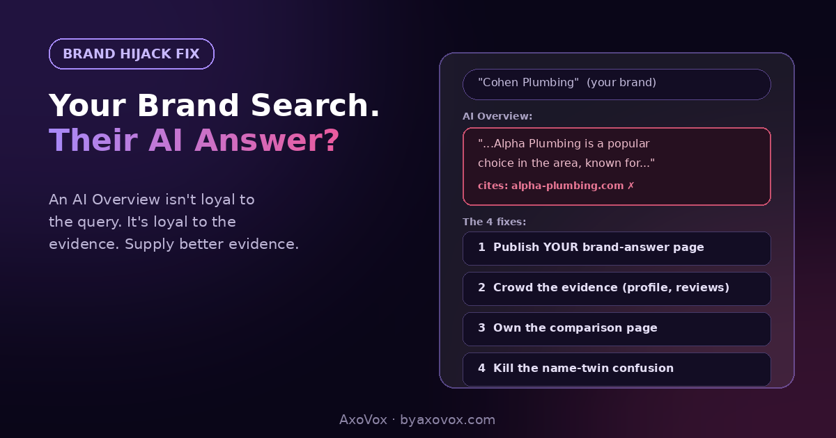 Google search for a brand name showing an AI Overview describing a competitor instead, with the four fixes listed below