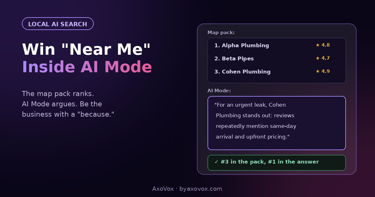 Map pack ranking three plumbers versus AI Mode's answer picking the third-ranked business for same-day arrival and upfront pricing mentioned in reviews