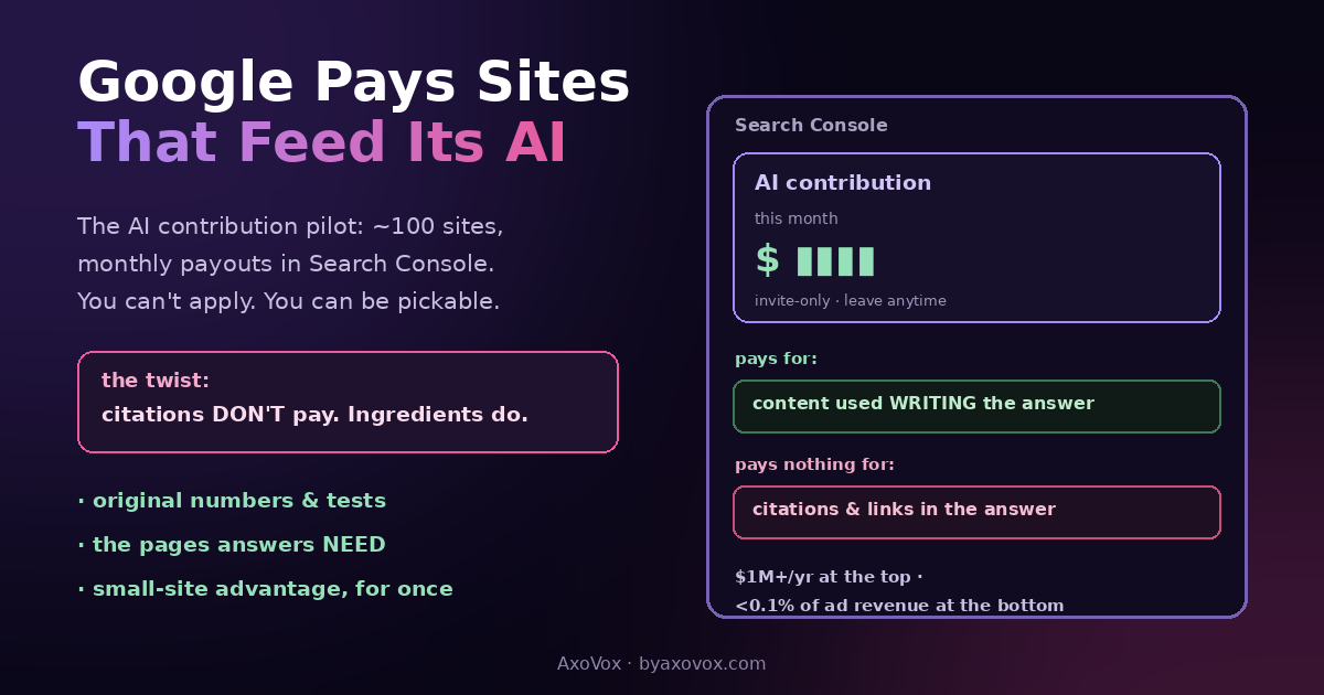 Search Console mockup of the AI contribution earnings panel showing it pays for content used writing the answer but nothing for citations and links, beside the pickable-source traits: original numbers, pages answers need, small-site advantage