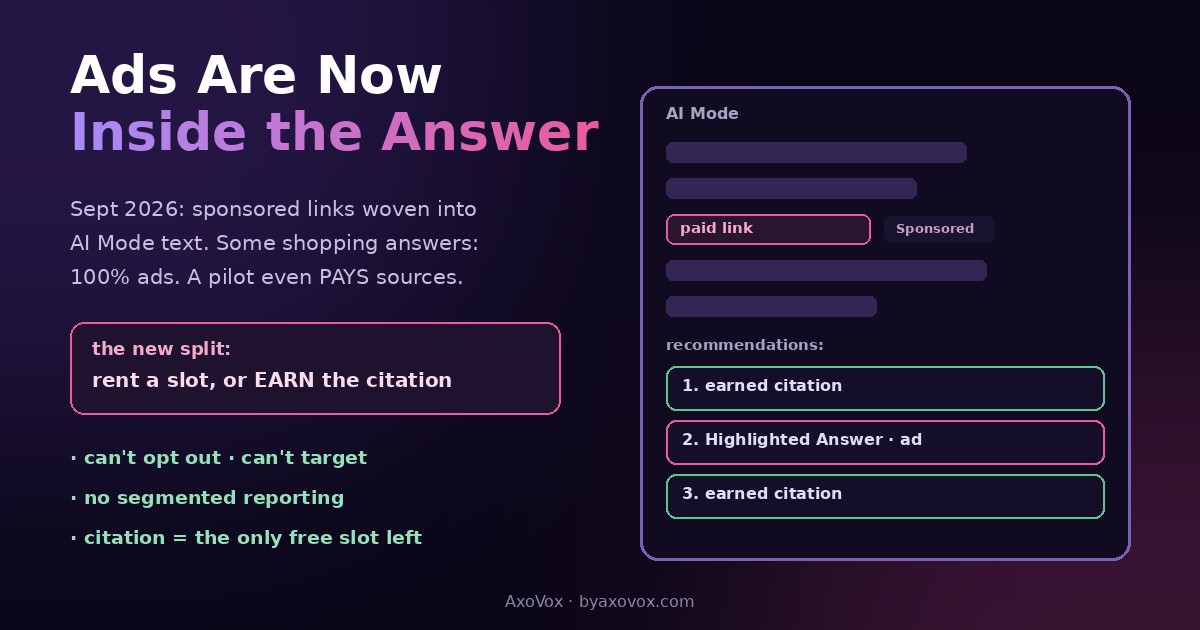 AI Mode mockup with a sponsored paid link woven into the answer text and a recommendation list mixing earned citations with a Highlighted Answer ad, beside the rules: can’t opt out, can’t target, no segmented reporting, citation is the only free slot left