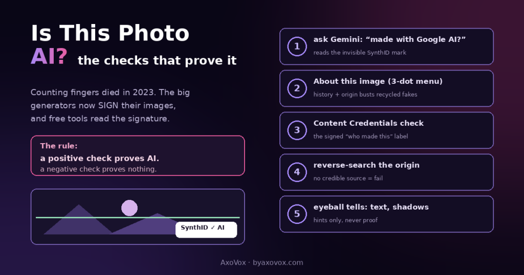 A scanned photo mockup flagged with a SynthID result beside the five checks: ask Gemini, About this image, Content Credentials, reverse-search the origin, and eyeball tells, with the rule that positive checks prove AI and negative checks prove nothing