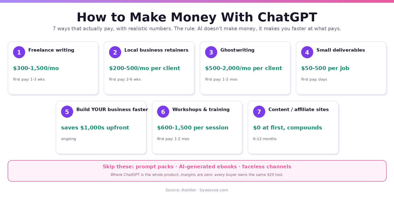 Seven numbered cards showing ways to earn with ChatGPT, each with realistic income range and time to first payment, plus a strip of methods to skip
