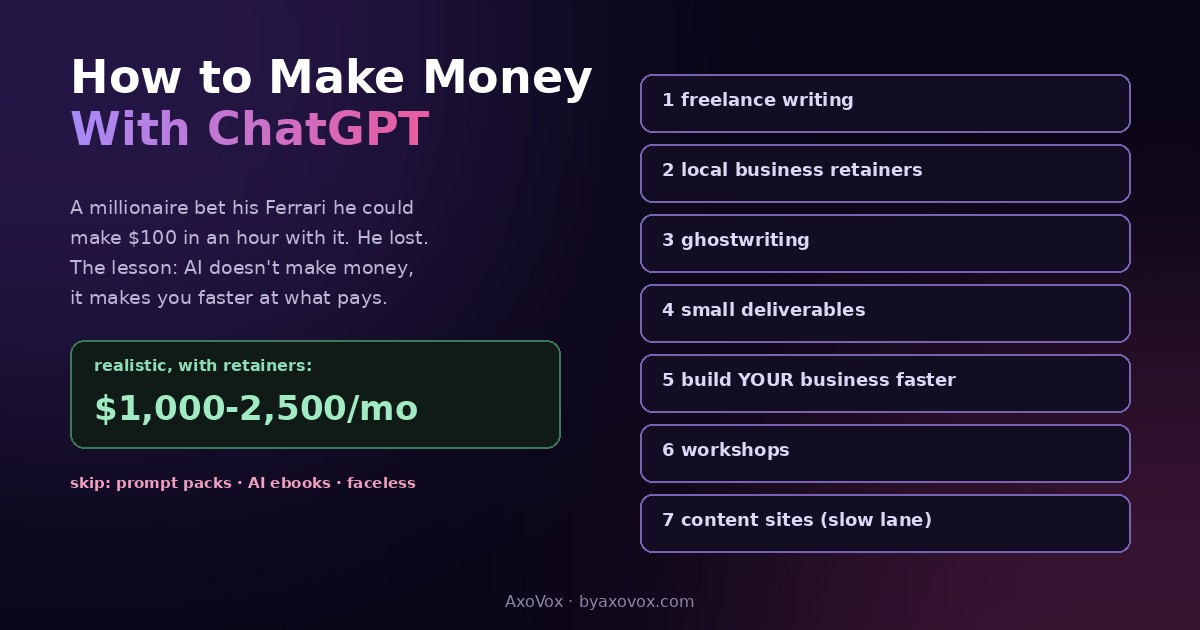 The seven ways to make money with ChatGPT listed beside the realistic earnings range of one to two and a half thousand dollars monthly and the Ferrari bet lesson