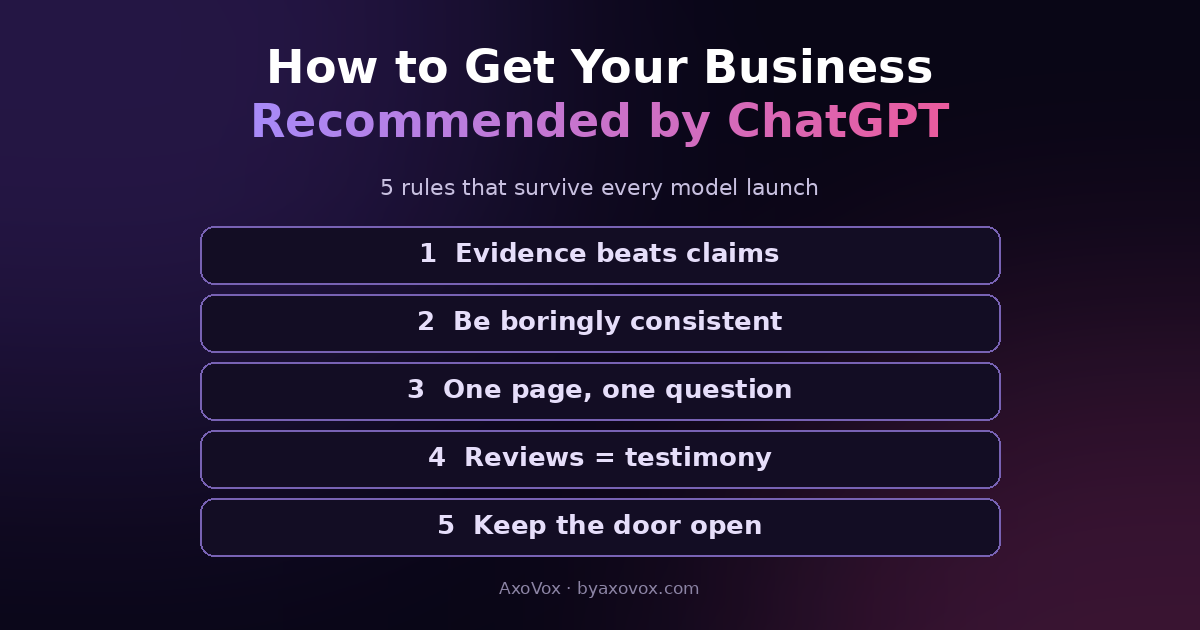 The five rules for getting recommended by ChatGPT and Google AI: evidence beats claims, boring consistency, one page one question, reviews as testimony, keep the door open